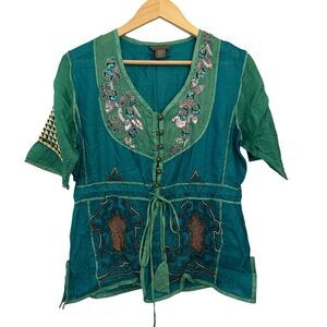 Paul Ropp Green 100% Silk Floral Beaded Embroidered Sequin Short Sleeve Blouse 4